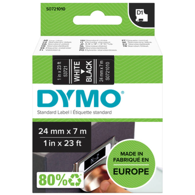 Labeltape Dymo LabelManager D1 polyester 24mm wit op zwart
