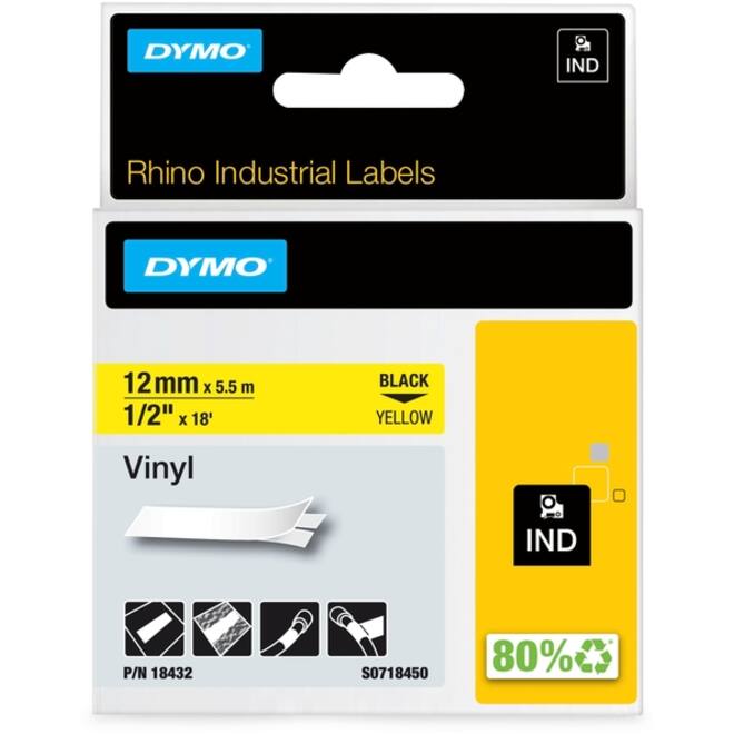 Labeltape Dymo Rhino industrieel vinyl 12mm zwart op geel