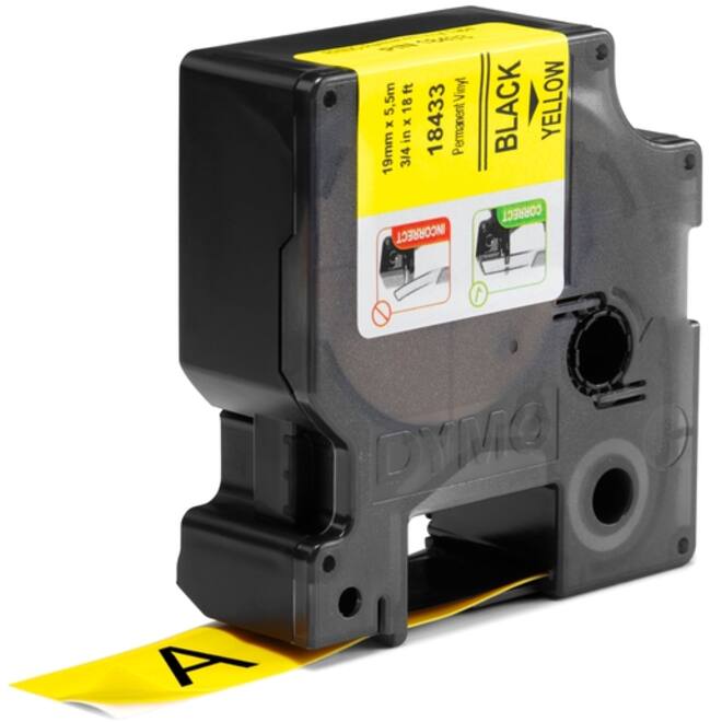 Labeltape Dymo Rhino industrieel vinyl 19mm zwart op geel