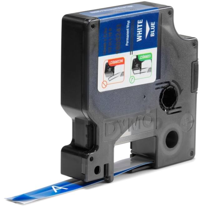 Labeltape Dymo Rhino industrieel vinyl 12mm wit op blauw