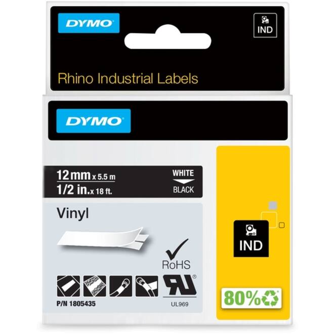 Labeltape Dymo Rhino industrieel vinyl 12mm wit op zwart