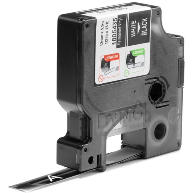 Labeltape Dymo Rhino industrieel vinyl 12mm wit op zwart