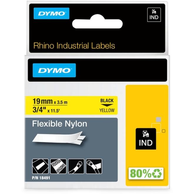Labeltape Dymo Rhino industrieel nylon 19mm zwart op geel