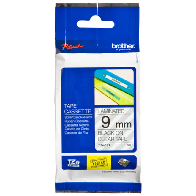 Labeltape Brother P-touch TZE-121 9mm zwart op transparant
