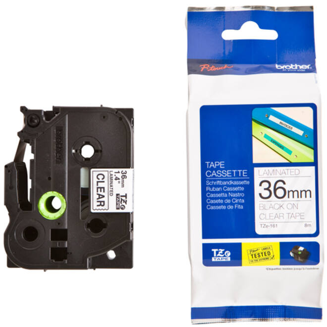 Labeltape Brother P-touch TZE-161 36mm zwart op transparant