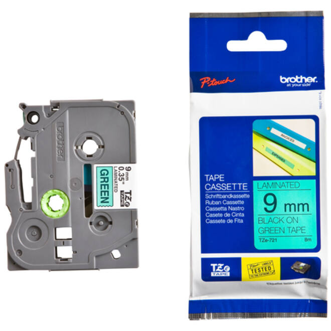 Labeltape Brother P-touch TZE-721 9mm zwart op groen