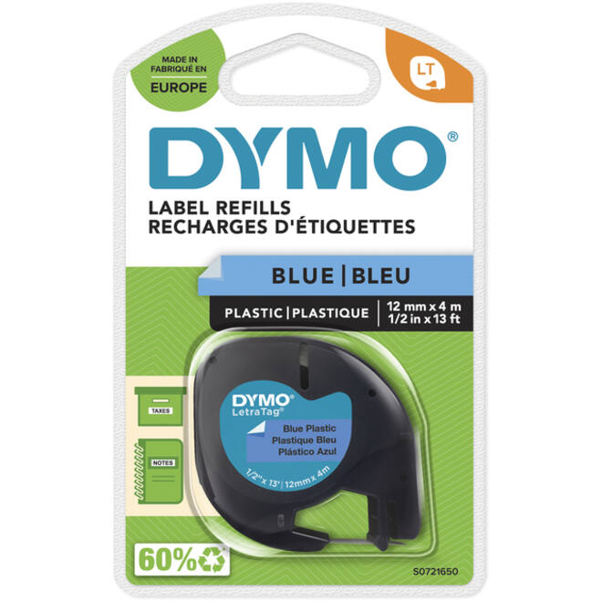 Labeltape Dymo LetraTag plastic 12mm zwart op blauw