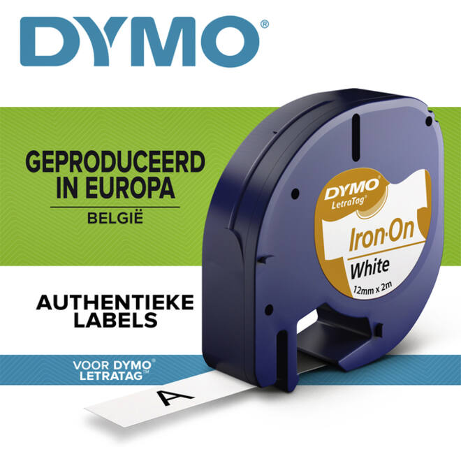 Labeltape Dymo LetraTag strijkbaar 12mm zwart op wit