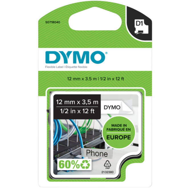 Labeltape Dymo LabelManager D1 nylon 12mm zwart op wit