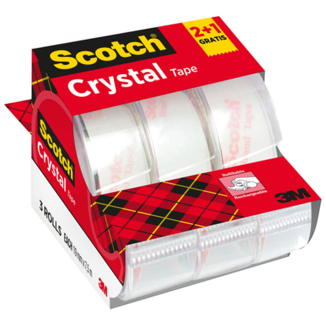 Plakband Scotch Crystal 600 19mmx7.5m transparant 2+1 gratis + handdispenser