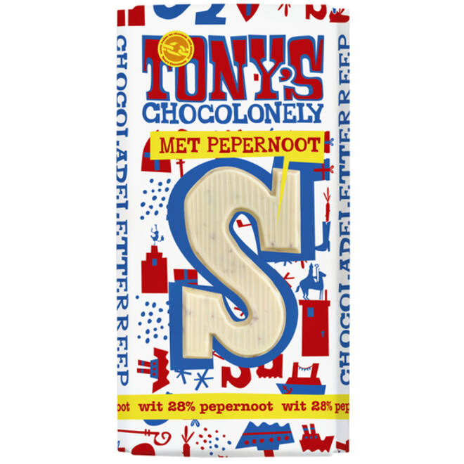 Chocoladeletter Tony's Chocolonely wit pepernoot S 180gr