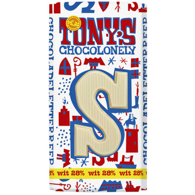 Chocoladeletter Tony's Chocolonely wit S 180gr