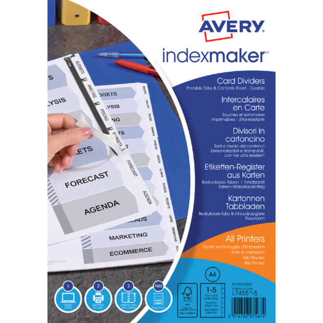 Tabbladen Avery Indexmaker 9-gaats 5-delig wit