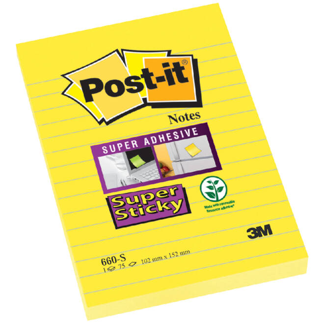 Memoblok Post-it 660 Super Sticky 102x152 geel met lijn