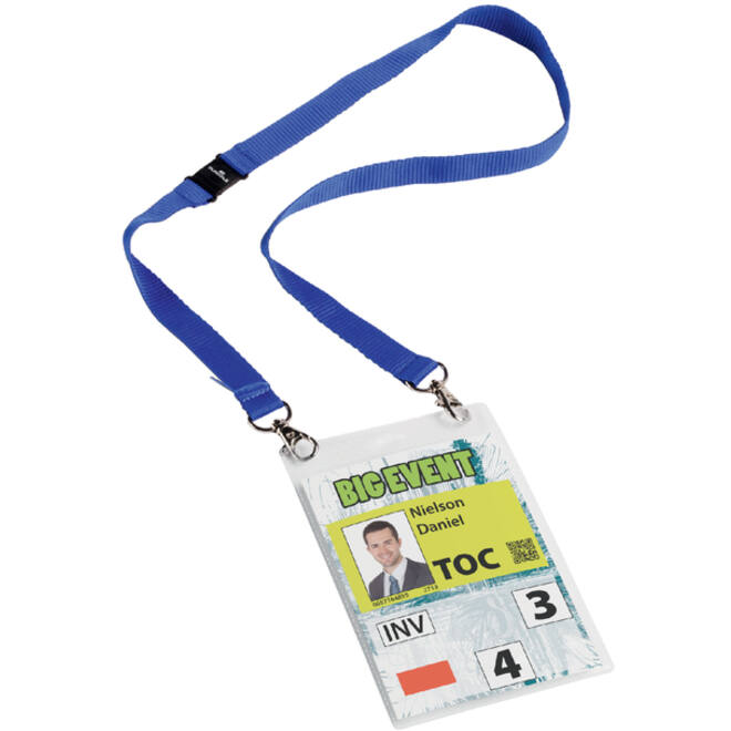 Badge Durable voor evenementen A6 met koord blauw