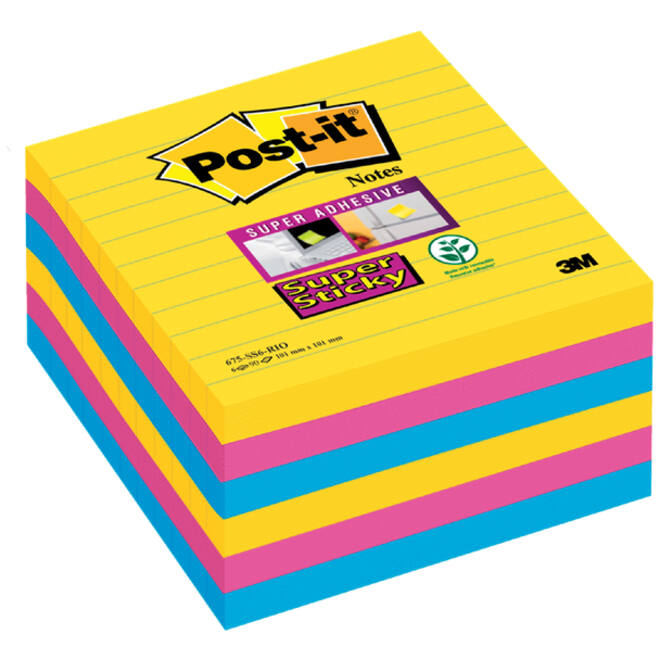 Memoblok Post-it 675 Super Sticky 101x101mm lijn Rio