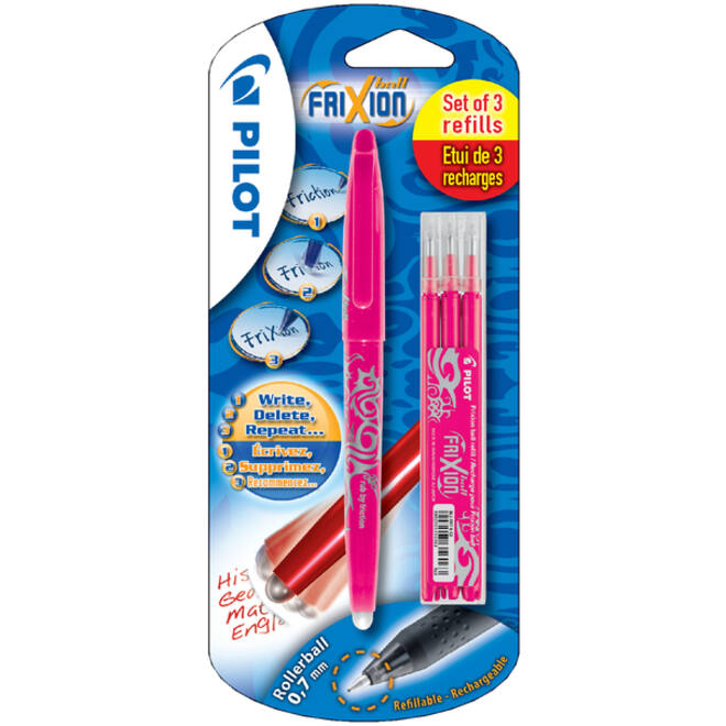 Rollerpen PILOT friXion medium roze blister à 1 stuk + 3 vullingen