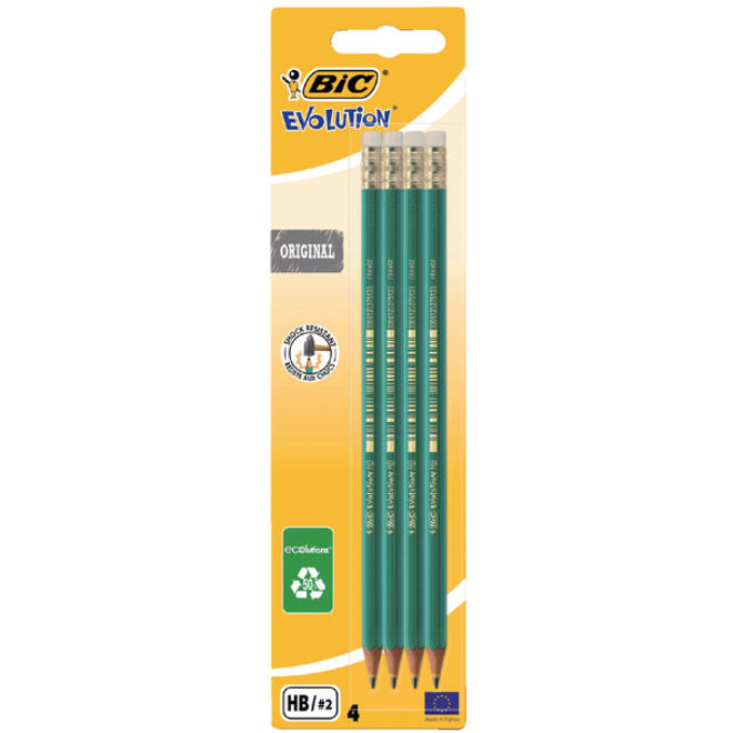 Potlood Bic Evolution ecolutions zeshoekig HB met gumtop blister à 4 stuks