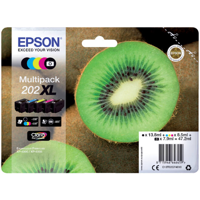 Inktcartridge Epson 202XL T02G74 zwart + 3 kleuren + foto zwart