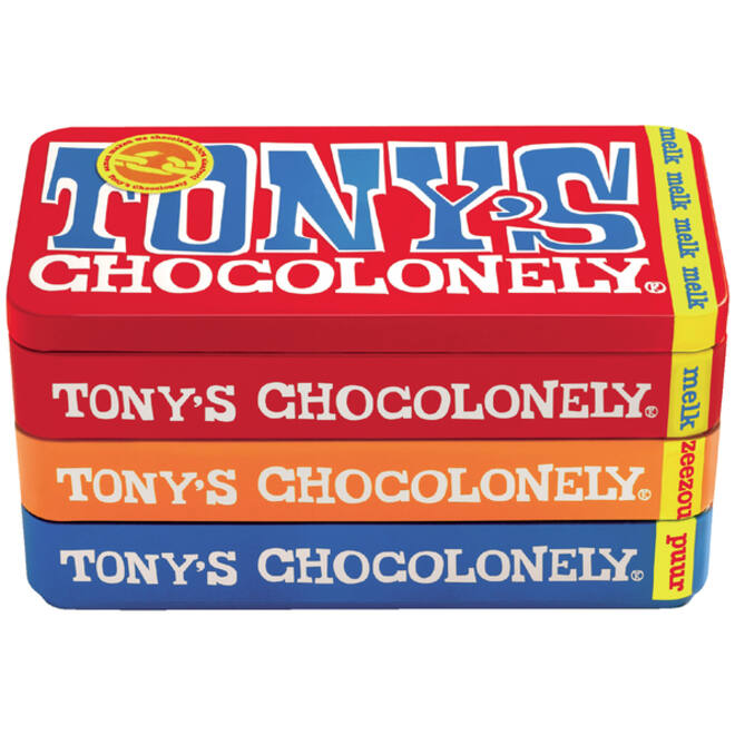 Chocolade Tony's Chocolonely puur-melk en karamel zeezout blik 540gr