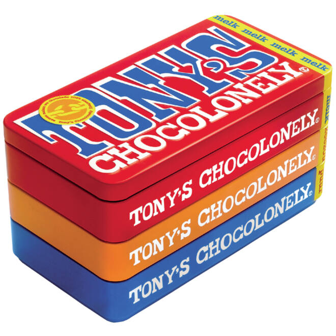 Chocolade Tony's Chocolonely puur-melk en karamel zeezout blik 540gr