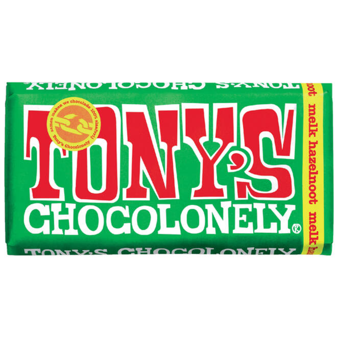 Chocolade Tony's Chocolonely melk hazelnoot reep 180gr