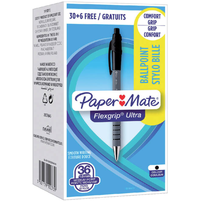 Balpen Paper Mate Flexgrip Ultra medium zwart valuepack 30+6 gratis