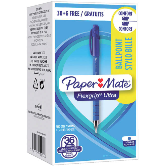 Balpen Paper Mate Flexgrip Ultra medium blauw valuepack 30+6 gratis