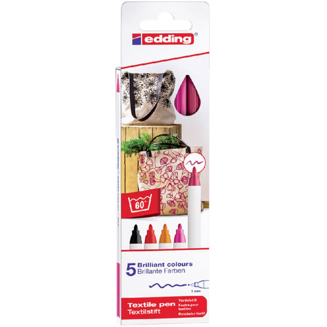 Viltstift edding 4600 textiel rond 1mm warm assorti blister à 5 stuks