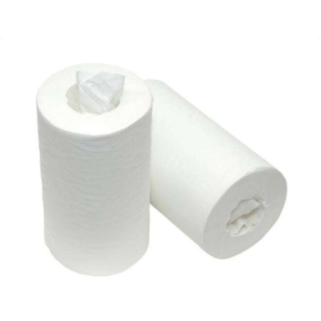 Poetsrol Mini 1-laags Wit (120 m) – Doos à 12 Rollen – Kokerloos
