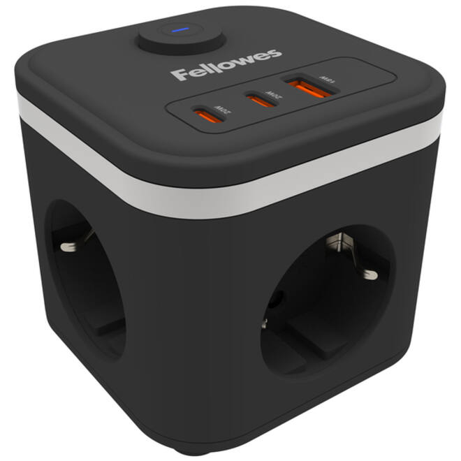 Stekkerblok Fellowes Power Cube F 3vdg 1xUSB A 2xUSB C 2 meter zwart