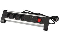 Stekkerdoos Perel bureau 3-voudig met schakelaar incl. 2 USB-poorten 1.4m zwart