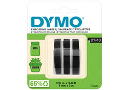 Reliëftape Dymo embossing plastic 9mm zwart op wit