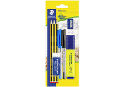 Schrijfset Staedtler inhoud 3 Noris potloden HB - 2 balpennen, markeerstift, gum en slijper