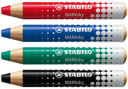 Whiteboardpotlood STABILO MARKdry 648/4 inclusief slijper en microvezeldoek assorti etui à 4 stuks