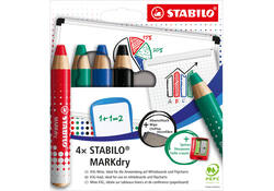 Whiteboardpotlood STABILO MARKdry 648/4 inclusief slijper en microvezeldoek assorti etui à 4 stuks