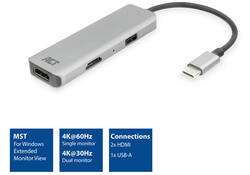 Adapter ACT USB-C 4K multiport voor 2 HDMI monitoren