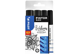 Verfstift Pilot Pintor assorti breedtes zwart etui à 4 stuks