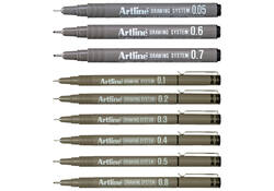 Fineliner Artline technisch etui met 0.2-0.4-0.6-0.8mm zwart