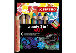 Kleurpotloden STABILO 880 woody 3 in 1 Arty inclusief puntenslijper assorti etui à 6 stuks