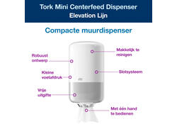 Poetspapierdispenser Tork Mini centerfeed M1 Elevation wit 558000