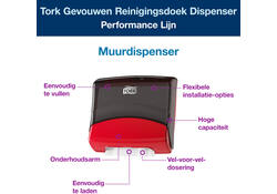 Reinigingsdoekdispenser Tork W4 Performance wandmontage zwart/rood 654008